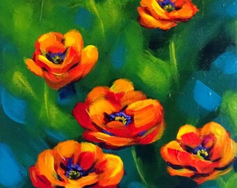 May include: A painting of orange poppies with blue centers against a green and blue background.