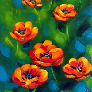 Original Poppy Painting, Poppies Artwork, Orange Floral Artwork, Bright Flower Painting, 8x10 Original Canvas Art, Colorful Home Decor Art