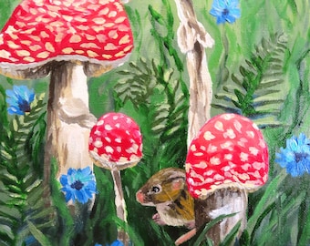 Red Mushroom Painting 8x10, Mouse Artwork, Forest Nursery Art, Original Forest Painting, Fairytale Forest Art, Acrylic Canvas Panel Artwork