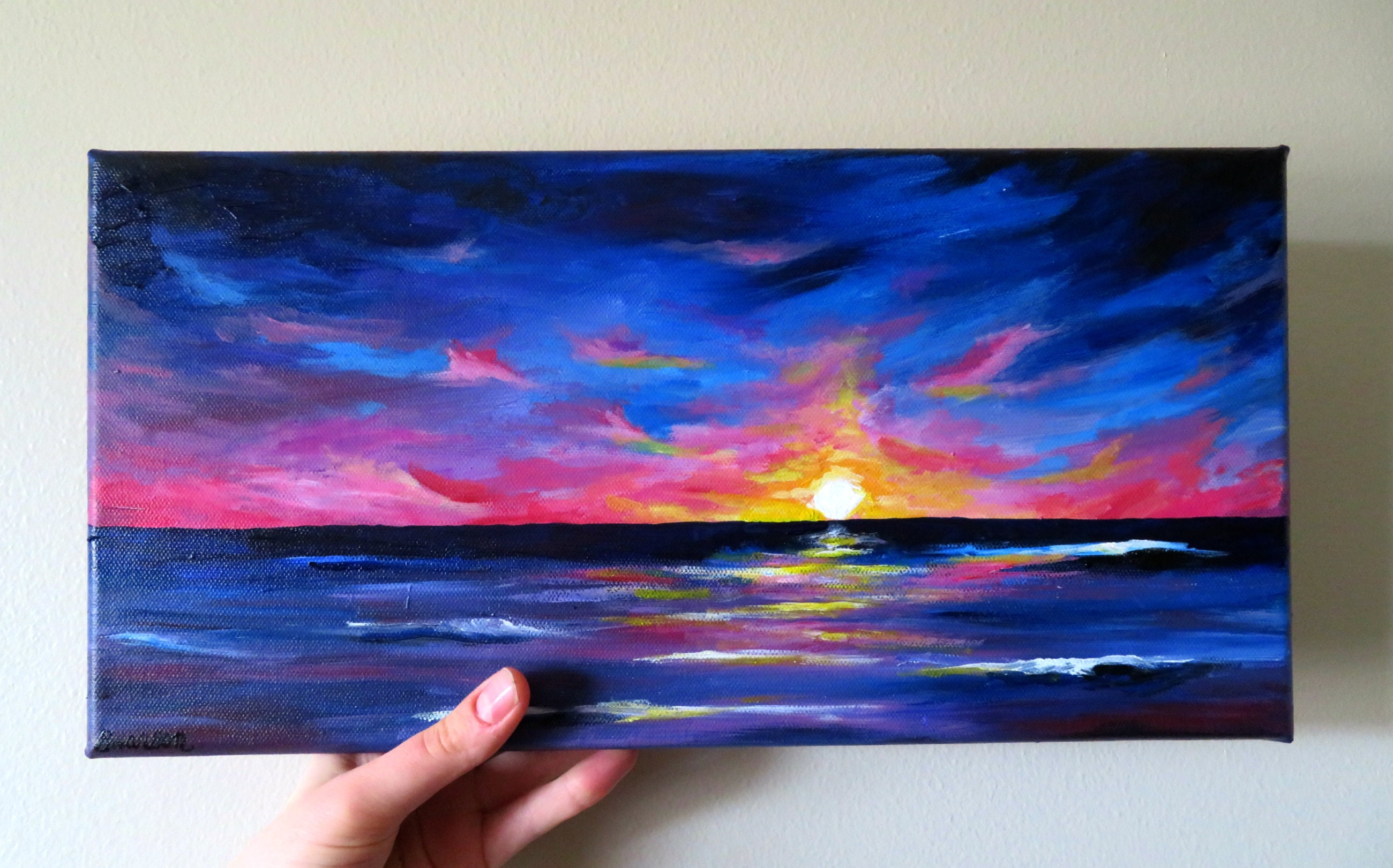 Painting Unframed Sunset painting of seascape original handmade watercolor Art 8x10 Ocean