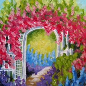 May include: A white garden archway covered in pink flowers with a path leading through it. The path is lined with purple and blue flowers.