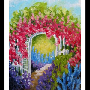 May include: A painting of a white archway covered in pink flowers, with a path leading through a garden of purple and blue flowers.