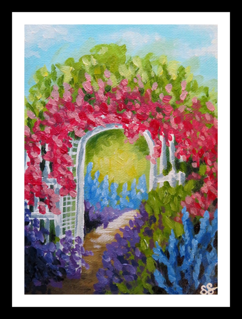 May include: A painting of a white archway covered in pink flowers, with a path leading through a garden of purple and blue flowers.