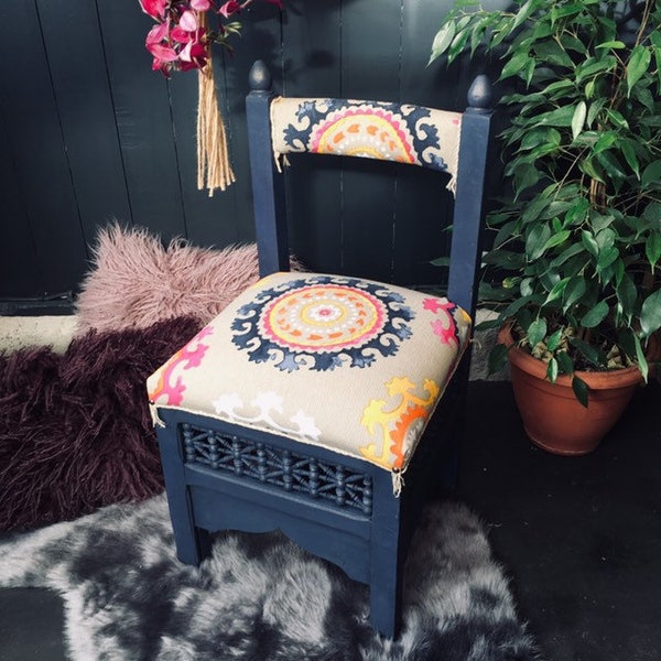 SOLD**  Moroccan, stool, small chair, upcycled, painted, dark blue chalk paint, pink, yellow, orange, cogs, cotton, fabric, eco chic, boho