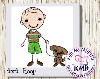 Embroidery Stick Boy with Dog: Size 4x4, Instant Download, KMDemb Machine Embroidery Design