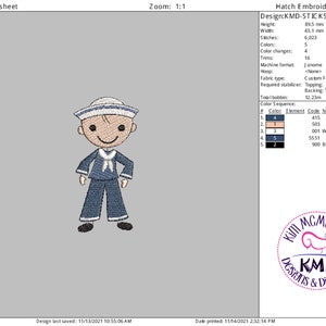 Embroidery Stick Boy Sailor: Size 4x4, Instant Download, Exclusive KMDemb Machine Embroidery Design image 2