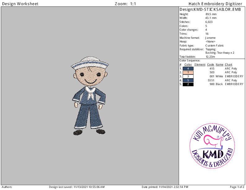 Embroidery Stick Boy Sailor: Size 4x4, Instant Download, Exclusive KMDemb Machine Embroidery Design image 2