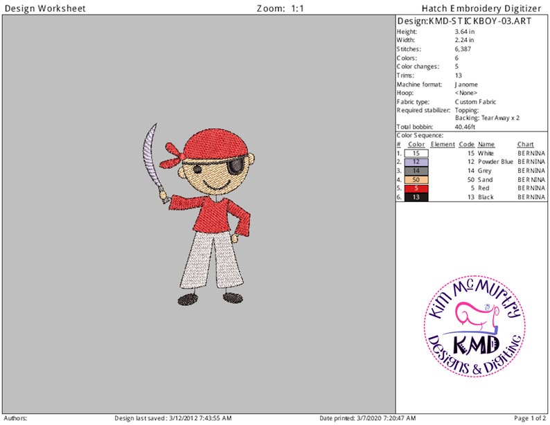 Embroidery Stick Boy Pirate: Size 4x4, Instant Download, KMDemb Machine Embroidery Design image 2