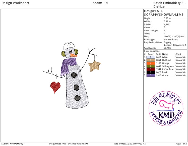 Embroidery Scrappy Snowman: Size 4x4, Instant Download, KMDemb Machine Embroidery Design image 2