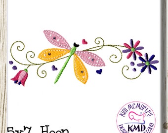 Embroidery Delicate Dragonfly with Flowers: Size 5x7, Instant Download, KMDemb Machine Embroidery Design