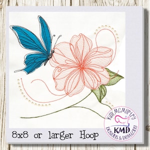 May include: An embroidered design featuring a blue butterfly and a coral-colored flower with green leaves. The design includes the text "8x8 or larger Hoop" and a logo with the text "KIM MCMURTY DESIGNS & DIGITIZING".