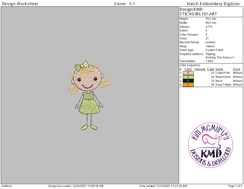 Embroidery Stick Girl Blonde Hair: Size 4x4, Instant Download, KMDemb Machine Embroidery Design image 2