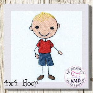 May include: Embroidered design of a smiling boy with blonde hair, wearing a red shirt and blue pants. The design is for a 4x4 hoop.