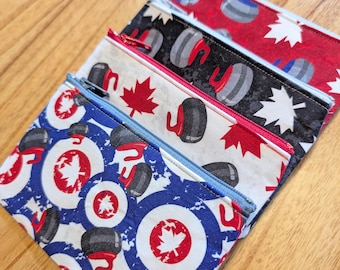 Canada Curling Rock and Maple Leaf Cotton fabric zippered pouch - 3" x 5"