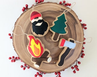 Canadian Lumber Jack felt ornaments // Lumber jack ornament // Pine tree ornament // Fire pit ornament // Axe ornament - Set of 4 ornaments