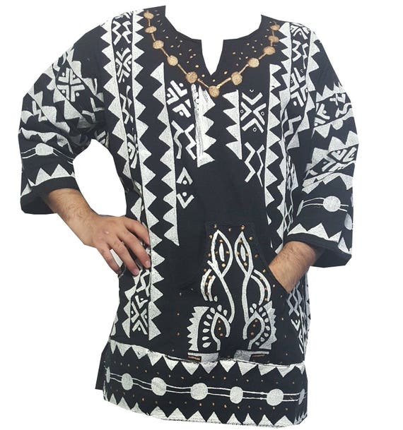Dashiki African Mens Women Mud Cloth Ethnic Top Organic Cotton Vintage One Size 