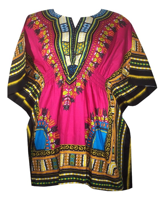 Women Clothing African dashiki print Dress Rayon Elastic waist Free Size Fuchsia 