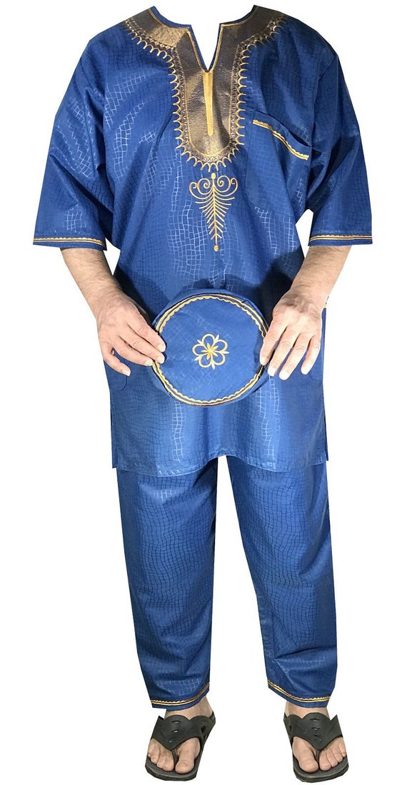 Mens 3Pcs Brocade Dashiki Pant Suit Set African Clothing boho Purple Free Size