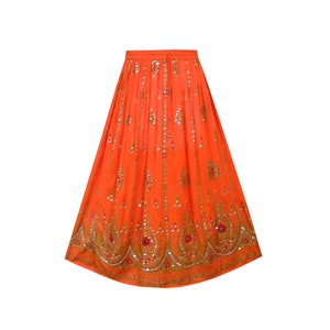 Women Lady Girl A-Line Crinkle Sequence Skirt Elastic Waist Boohoo Hippie Vintage Spring Summer Skirt orange gold One Size