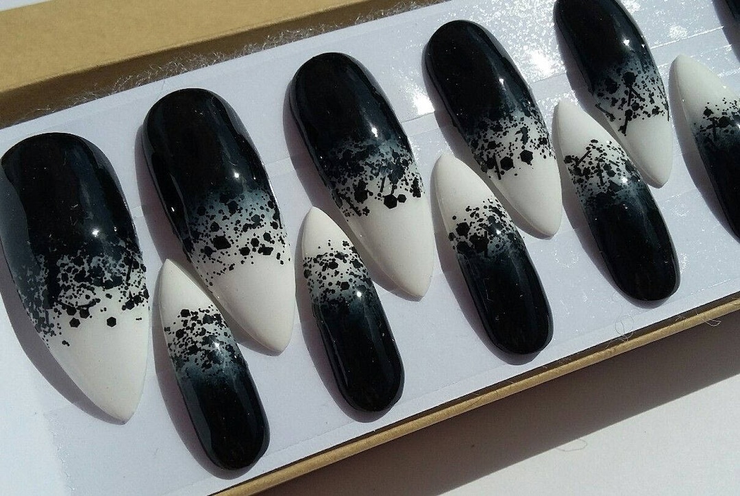 Press On Nails White And Black Ombre Glossy French Tip Almond Nail Kit -  TGC Boutique