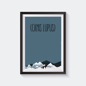 May include: A framed print with a black wolf silhouette howling at a snowy mountain range. The text (CANIS LUPUS) is printed in black at the top of the print.