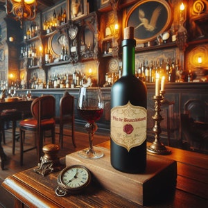May include: A wine bottle with a cork, a wine glass filled with red wine, and a vintage pocket watch on a wooden table. The bottle has a label that reads "Vin de Beauxbatons". A candle holder with two lit candles is to the right.