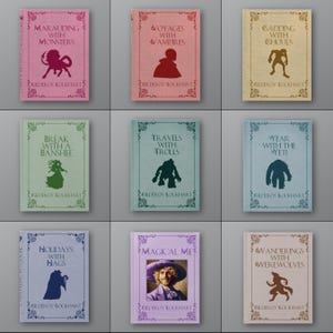 May include: A collection of nine fantasy book covers with titles like "Marauding with Monsters" and "Voyages with Vampires." Each book features a silhouette of a creature or character, with the author's name, Gilderoy Lockhart, at the bottom. The covers are in various pastel colors.