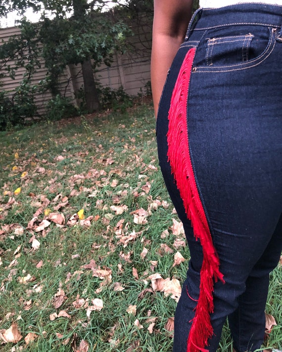 high waisted fringe jeans