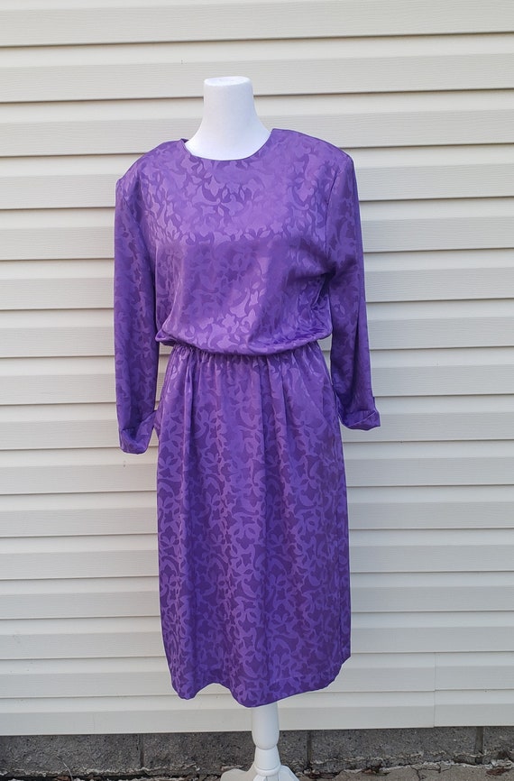 Purple 1980s vintage dress.Damask. Silky Polyester