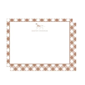 May include: Stationery set featuring a white background with a brown and white gingham border. The top of the stationery has a drawing of a dog and the text "DAVIS CONNOR" in a brown font.