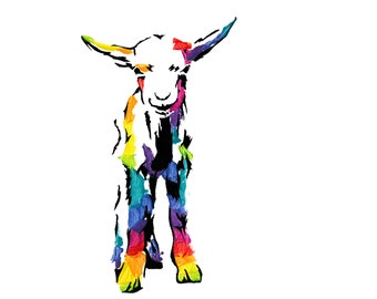 Rainbow Goat Portrait//Printable//Bright Colours//Animal Pop Art//Semi Abstract Goat//Street Art Farm Animal