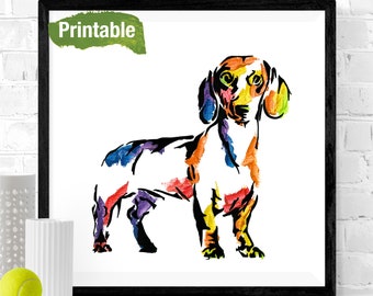 Bright Dachshund Portrait//Printable//Bright Colours//Animal Pop Art//Digital Download//Abstract Dog//Street Art Doxie//Sausage Weiner Dog