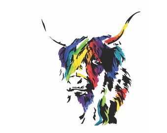 Rainbow Highland Cow Portrait//Printable//Bright Colours//Animal Pop Art//Digital Download//Semi Abstract//Street Art//Farm Animal//Cattle