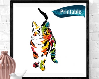 Bright Pussy Cat Portrait//Printable//Bright Colours//Animal Pop Art//Digital Download//Semi Abstract Cat//Street Art