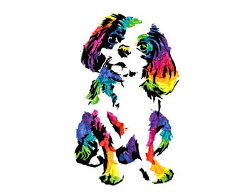 Rainbow Cavalier King Charles Dog Portrait//Printable//Animal Pop Art//original painting//Semi Abstract//Street Art//Canine//Dog
