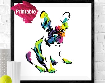 Rainbow French Bulldog Portrait//Printable//Bright Colours//Animal PopArt//Digital Download//Abstract Frenchie//StreetArt//Dog Painting