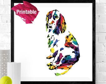 Rainbow English Spaniel Portrait//Printable//Bright Colours//Animal PopArt//Digital Download//Abstract Spaniel//StreetArt//DogPainting
