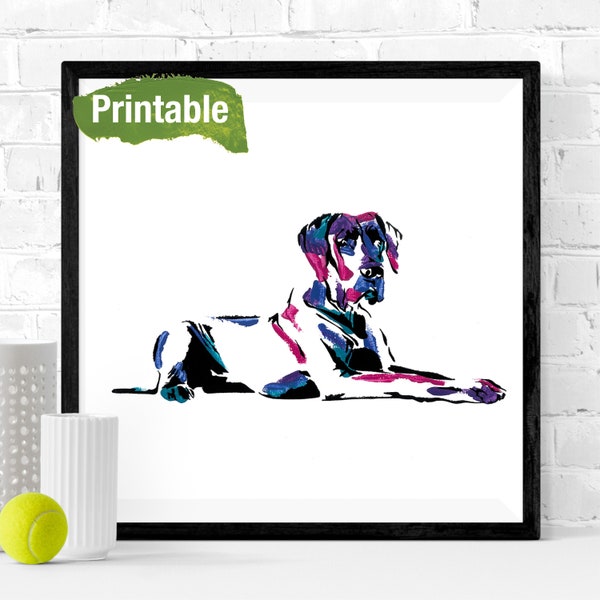 Vibrant Great Dane Portrait//Printable//Bright Colours//Animal PopArt//Digital Download//Abstract Great Dane//StreetArt//Canine//DogPainting