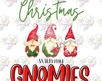 May include: Christmas with my Gnomes. A festive design featuring three gnomes with red hats, white beards, and colorful clothing. The gnomes are standing in front of a white background with a repeating pattern of hearts.