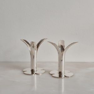 Set of 2 vintage mid-century lily-style Swedish silverplated candleholders