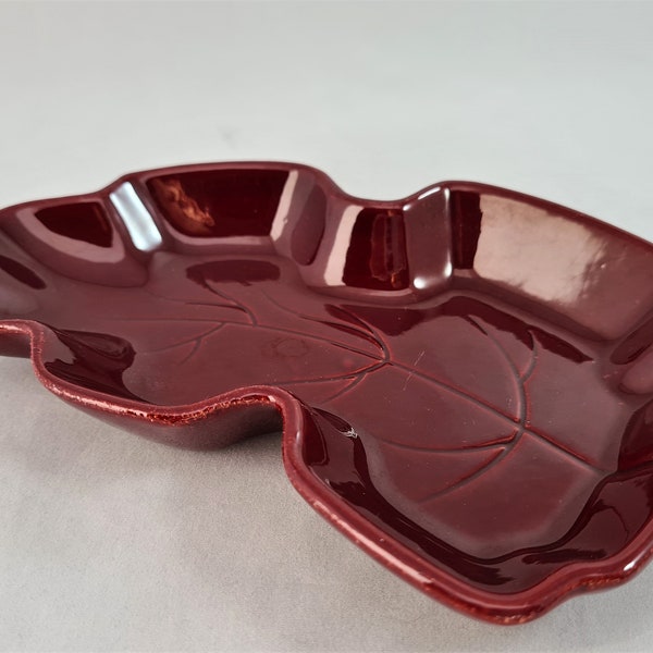 Vintage Upsala Ekeby, Sven Erik Skawonius, Sweden, ceramic plate dish, dark red, leaf shape
