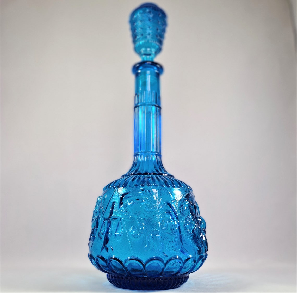 Italian Empoli Blue Glass Decanter Zodiac Pattern Made in Etsy