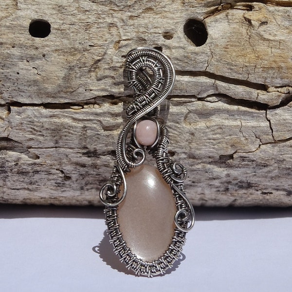 Peach Moonstone and pink Opal silver wire pendant. Moonstone pendant, Wire wrapped pendant, moonstone jewelry, wire wrap necklace, unique