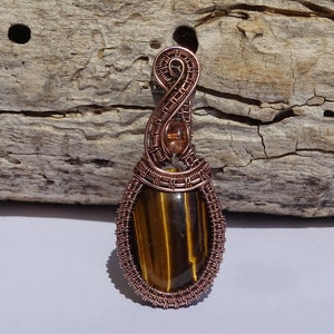 Tigers Eye and Sunstone copper wire wrapped pendant. Crystal necklace, wire jewelry, wire wrap necklace, Tigers Eye pendant, copper jewelry
