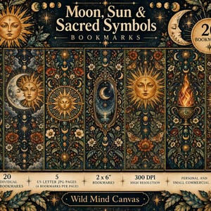 May include: A set of 20 bookmarks titled Moon, Sun & Sacred Symbols, featuring intricate illustrations of celestial bodies, floral patterns, a raven, a flaming chalice, and a sacred heart in dark blue, gold, and red tones, measuring 2 by 6 inches.
