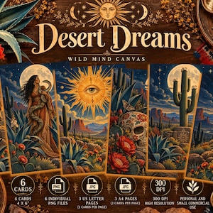May include: A digital collection titled Desert Dreams Wild Mind Canvas featuring six rectangular cards with desert landscapes, cacti, full moons, a sun with an eye, a skull with floral patterns, and figures in flowing robes under starry night skies.