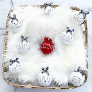 Rae Dunn Inspired ornaments, reindeer ornaments, Rae Dunn style Christmas, farmhouse Christmas decor,farmhouse decor,reindeer name ornaments