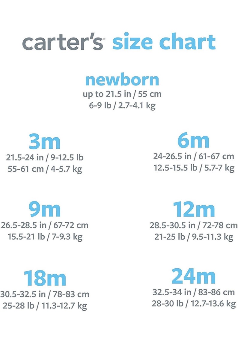 May include: Carter's size chart for baby clothes, showing measurements in inches and pounds, and centimeters and kilograms, for newborn, 3 months, 6 months, 9 months, 12 months, 18 months, and 24 months.