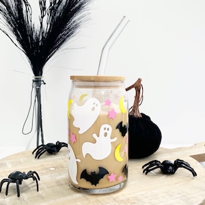 Halloween Iced Coffee Glass with Straw, Spook Season Beer Can Glass, Ghost Pumpkin Bat Beer Can Glass, Iced Coffee Glass, Halloween Coffee