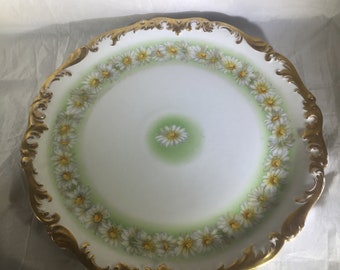 Antique Limoges France Superieur Plates Set of 4 Rare 1910s Arts and Crafts Motif Green Yellow Daisy on White Porcelain Dessert Plates